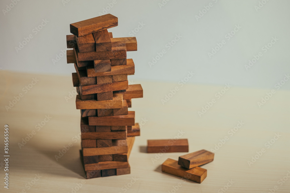 tower wooden block game on wooden table tower wooden block game on wooden table