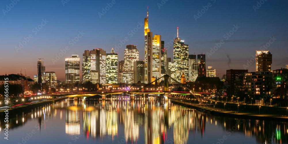 Panorama of the skyline Frankfurt am Main at twilight