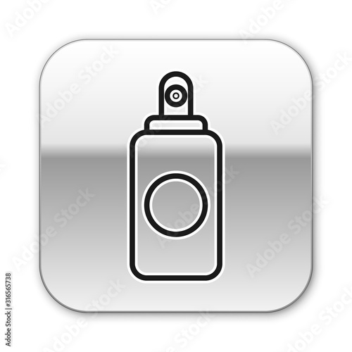 Black line Spray can for air freshener, hairspray, deodorant, antiperspirant icon isolated on white background. Silver square button. Vector Illustration