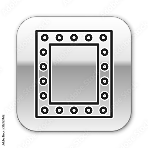 Black line Makeup mirror with lights icon isolated on white background. Silver square button. Vector Illustration