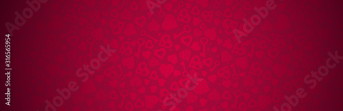 Red banner with valentines hearts and keys. Valentines greeting banner. Horizontal holiday background, headers, posters, cards, website. Vector illustration