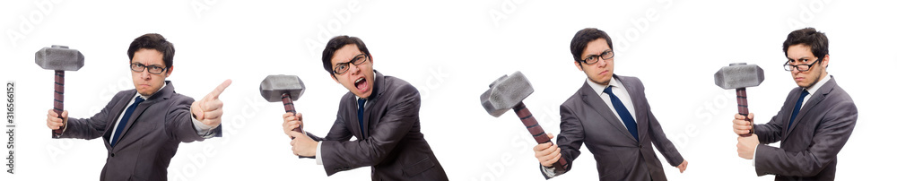 Business man holding hammer isolated on white Business man holding hammer isolated on white