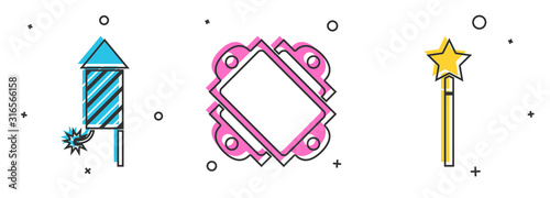 Set Firework rocket, Ticket and Magic wand icon. Vector