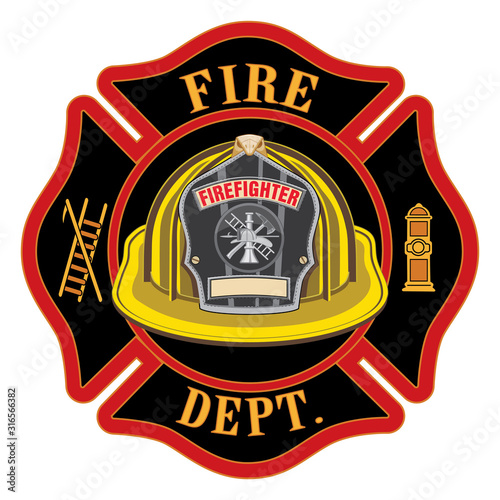  Fire Department Cross Yellow Helmet is an illustration of a fireman or firefighter Maltese cross emblem with a yellow firefighter helmet and badge containing an empty space for your text.