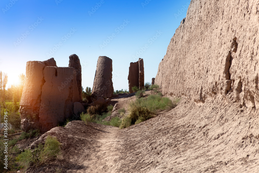 Wall of ancient fortress of Khorezm on the Kyzylkum Desert, Uzbekistan