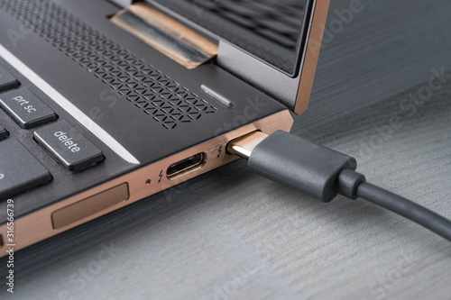 Obraz na płótnie Closeup of USB Type C grey cable being connected to the laptop computer. w salonie