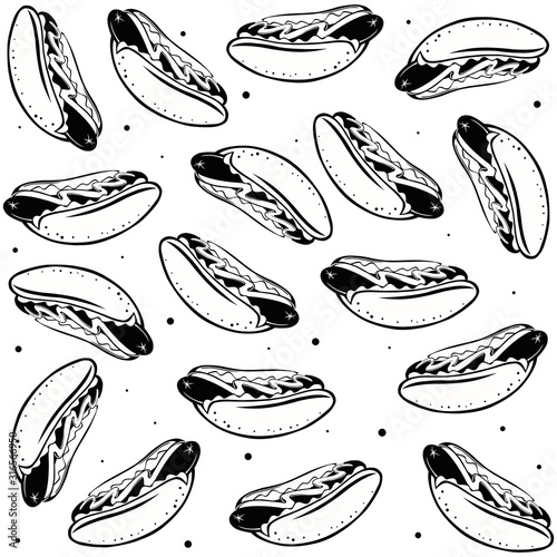 Black and white seamless pattern with hot dogs