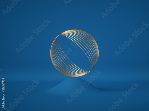 3d render, abstract geometric background, modern minimal concept, clean style. Round golden cage, gold sphere, ball, futuristic spherical shape. Modern mockup. Balance concept. Classic blue color 2020