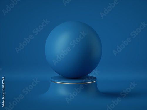 3d render, abstract geometric background, futuristic minimal concept, clean style. Blank ball, opaque sphere, bubble. Empty template, blank place, copy space. Modern mockup. Classic blue color 2020