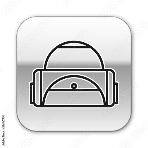 Black line Sport bag icon isolated on white background. Silver square button. Vector Illustration