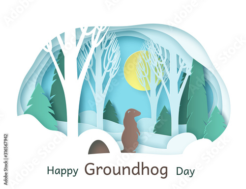 Happy Groundhog Day. February 2. Vector illustration. Paper cut design for printing greeting cards, banners, posters. Groundhog in the forest, climbed out of the hole.