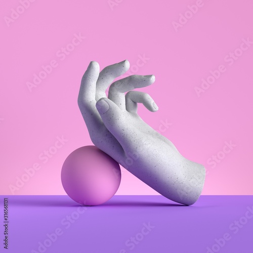 3d render, mannequin hand and ball, relaxed gesture, isolated on pink background, minimal fashion concept, simple clean design. Limb prosthesis