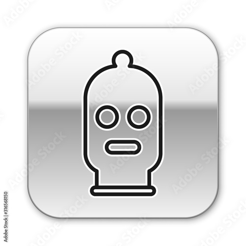 Black line Balaclava icon isolated on white background. A piece of clothing for winter sports or a mask for a criminal or a thief. Silver square button. Vector Illustration