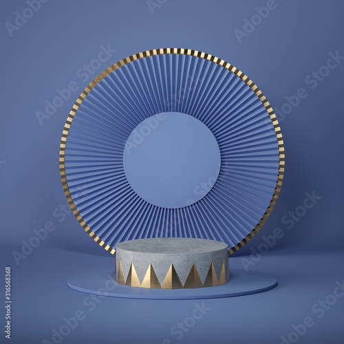 3d render abstract blue background. Empty circus stage, cylinder podium, vacant pedestal. Shop display, showcase, product stand. Copy space, round frame, premium design, minimal mockup. Art deco style