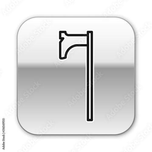 Black line Medieval axe icon isolated on white background. Battle axe, executioner axe. Medieval weapon. Silver square button. Vector Illustration