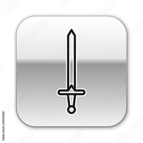 Black line Medieval sword icon isolated on white background. Medieval weapon. Silver square button. Vector Illustration