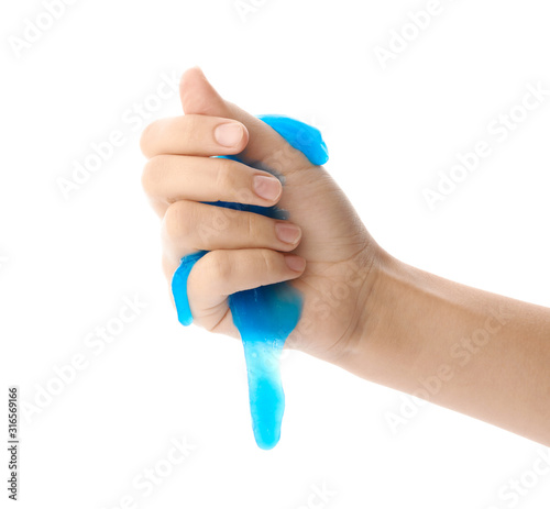 Woman playing with blue slime isolated on white, closeup. Antistress toy