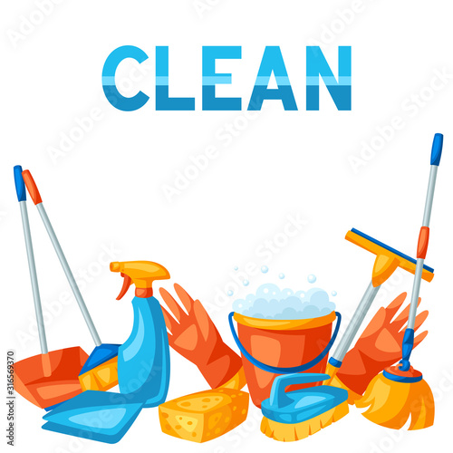 Housekeeping background with cleaning items.