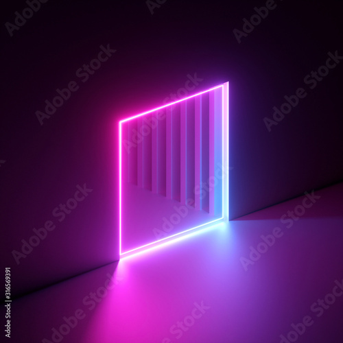 3d render, abstract neon background, vibrant pink light, square hole in the wall. Window, cave, open door, gate, portal. Corridor, tunnel entrance. Dramatic scene. Modern minimal concept