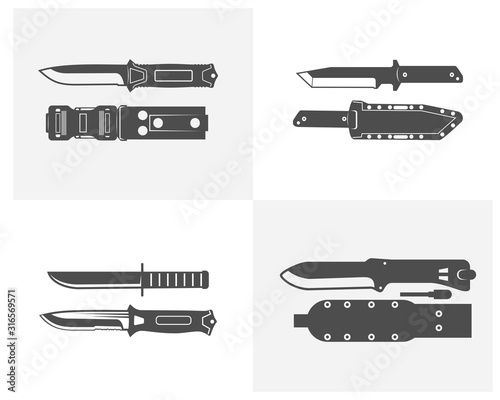 Collection of army knives, line icons set, typical combat knife, stock knife vector illustration