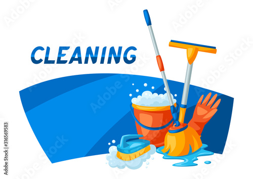 Housekeeping background with cleaning items.