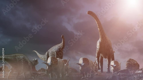 different dinosaurs on prehistoric background of nature, 3d render photo