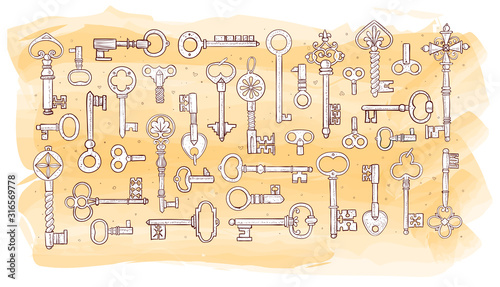 Big collection of doodle vintage keys. Vector sketch illustration.