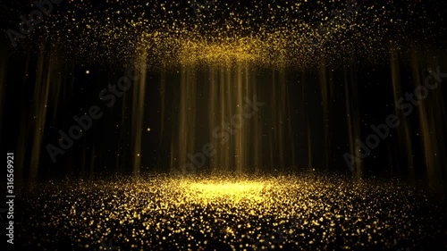 gold particles abstract background with shining golden floor particle stars dust. Futuristic glittering fly movement flickering loop in space on black background.	 photo