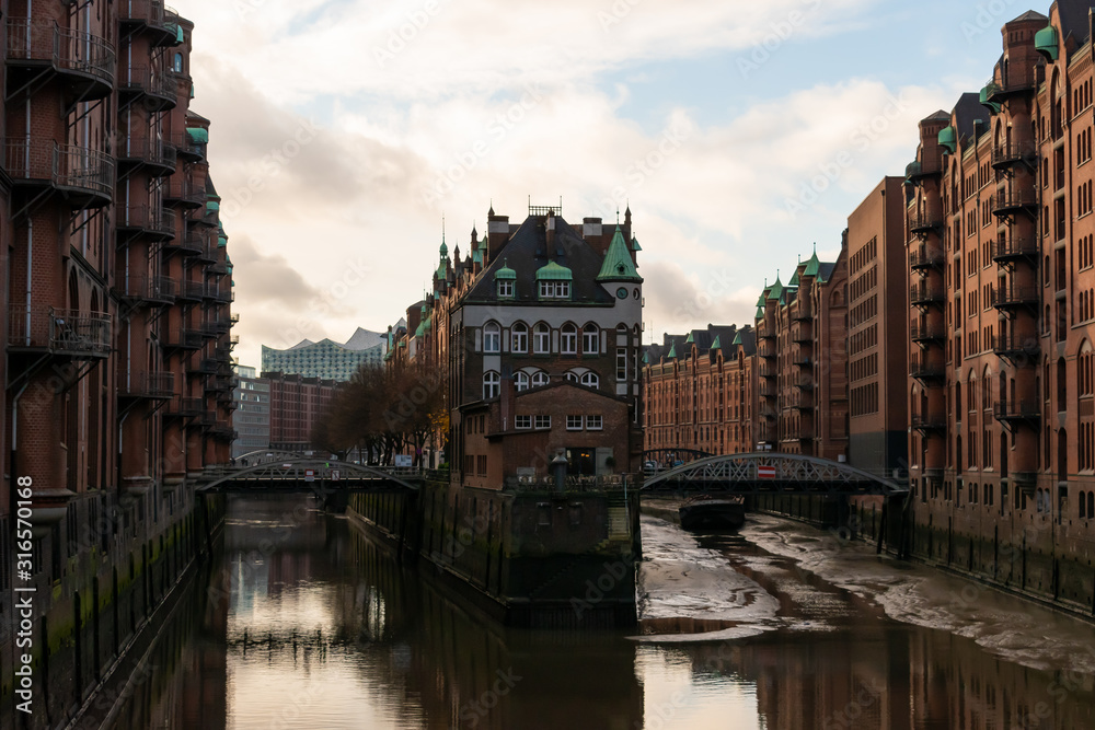 Hamburg city center iconic buildings on a cloudy bright winter day