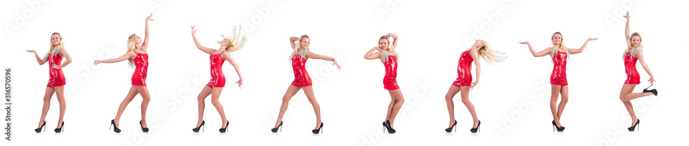 Blondie in red sparkling mini dress isolated on white Blondie in red sparkling mini dress isolated on white