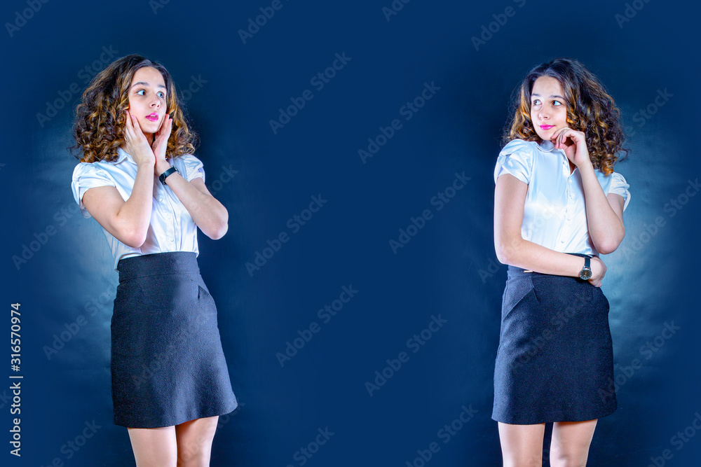Full length young business woman looking away on black background. Isolated shot of young attractive brunette females stares at camera with shoked expression Full length young business woman looking away on black background. Isolated shot of young attractive brunette females stares at camera with shoked expression