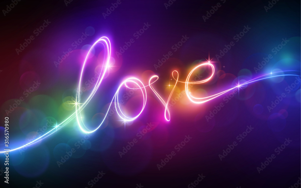multicolor neon light, love lettering. Glowing single line art, handwritten word, ultraviolet text, light drawing. Romantic festive background for Valentine day