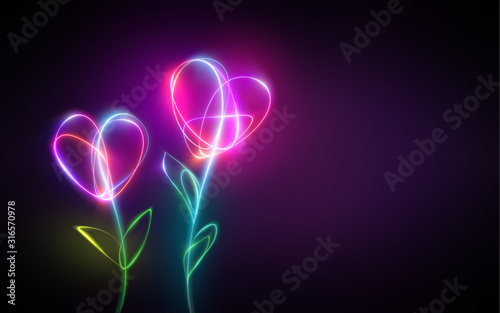 Fototapeta Naklejka Na Ścianę i Meble -  multicolor neon light drawing, abstract heart shape flowers isolated on black background. Glowing line art. Festive concept for Valentine day