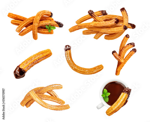 Churros collection  isolated  on a white background. Set of  Churro sticks, traditional Spanish snack