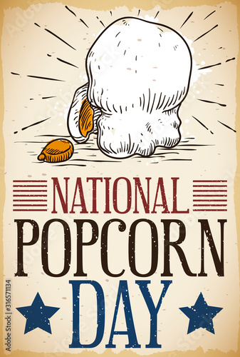 Scroll with Retro Popped Corn Draw Promoting National Popcorn Day, Vector Illustration