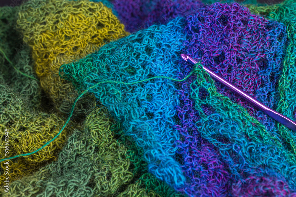 Crocheting Stitching Green Yarn Knitting Hook Stock Photo
