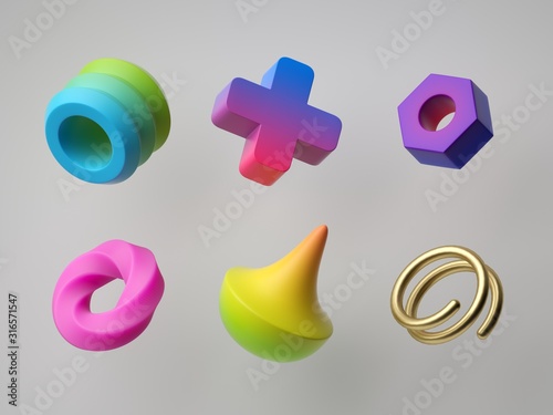 3d render, abstract colorful geometric shapes isolated on white background. Minimal modern concept, assorted design elements collection, puzzle game set, vibrant neon gradient toys, postmodern style