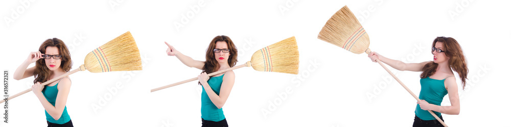 Young woman with broom on white Young woman with broom on white