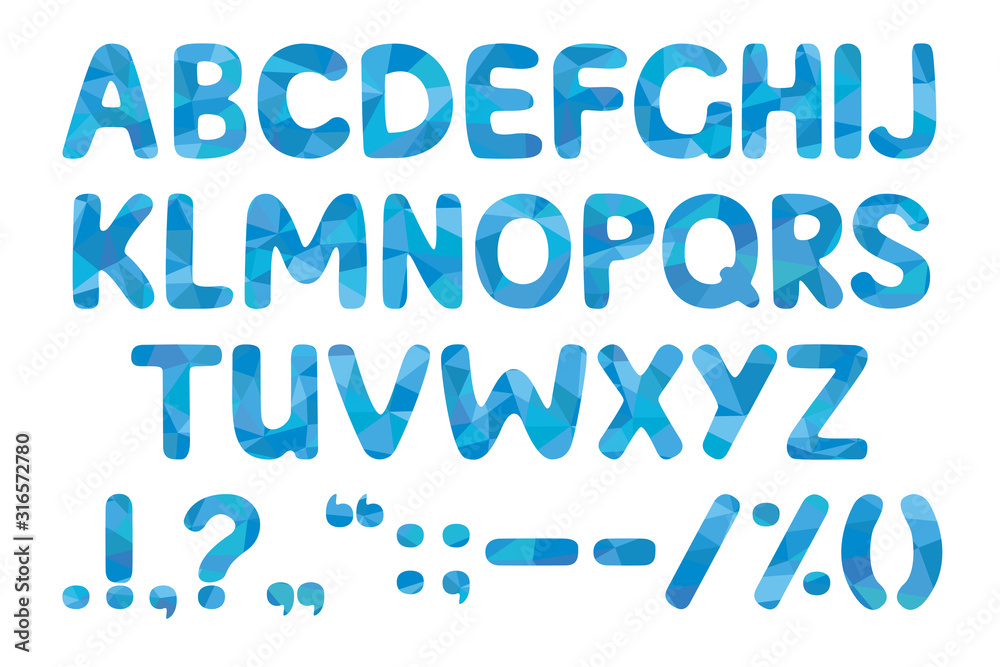 streamlined bold font with geometrical fill. Blue alphabet on a white background. Vector illustration.