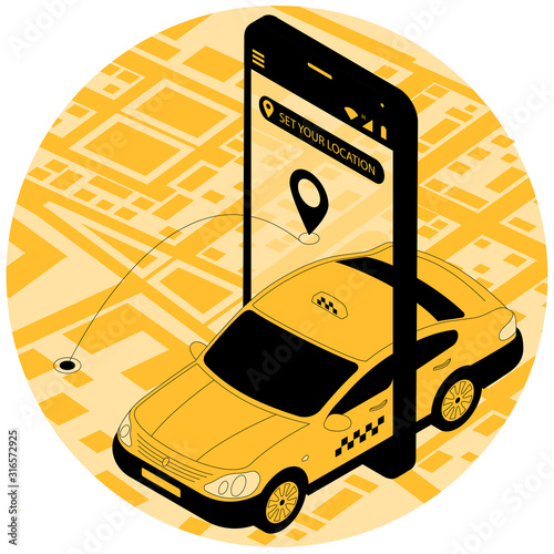 Flat design isometric online taxi car order template for online service mobile application, web site and banner.