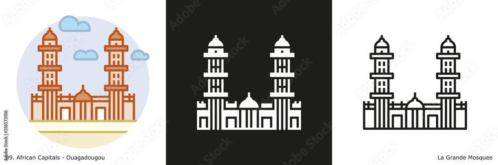 La Grande Mosquee Icon - Ouagadougou. Glyph, Outline and Filled Outline icons of the famous landmark from the capital of Burkina Faso.