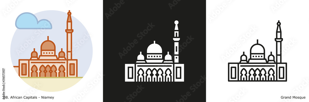 Grand Mosque Icon - Niamey. Glyph, Outline and Filled Outline icons of the famous landmark from the capital of Niger.
