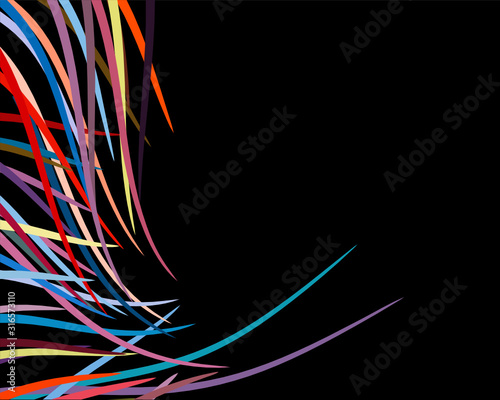 The abstract vector background of sharp pointed lines with colourful colours that are fluttering on black background.