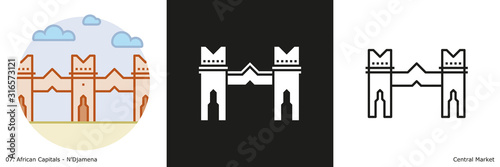 Central Market Icon - N’Djamena. Glyph, Outline and Filled Outline icons of the famous landmark from the capital of Chad.