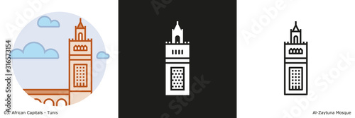 Al-Zaytuna Mosque Icon - Tunis. Glyph, Outline and Filled Outline icons of the famous landmark from the capital of Tunisia.