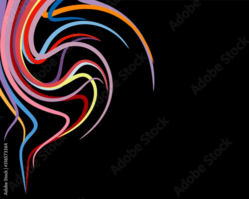 The abstract vector background of sharp pointed lines with colourful colours that are fluttering on black background.