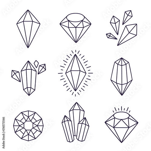 Doodle hand drawn gemstones. Line art gem stones vector isolated set, precious stones and black jewellery crystals modern illustration