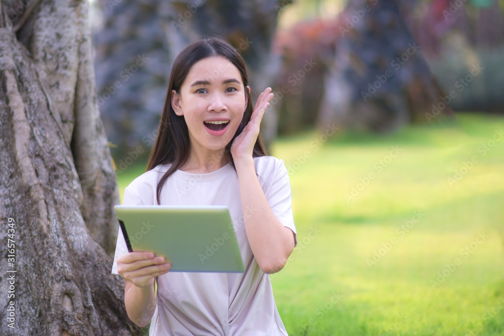 Beauty blogger happy excited with fan page follow on social media Beauty blogger happy excited with fan page follow on social media