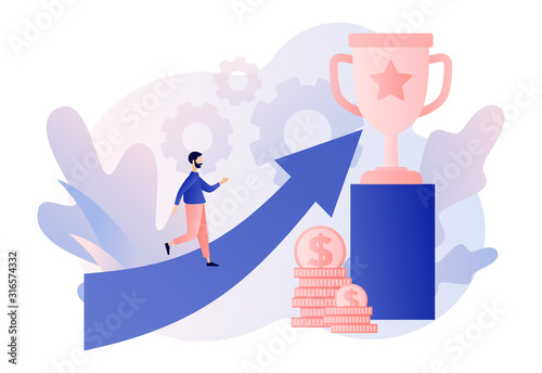 Success concept. Business Team Success, Achievement Concept. Tiny People with Prize, Cup. Businessman steps up to success. The road that leads to success.Modern flat cartoon style. Vector illustration