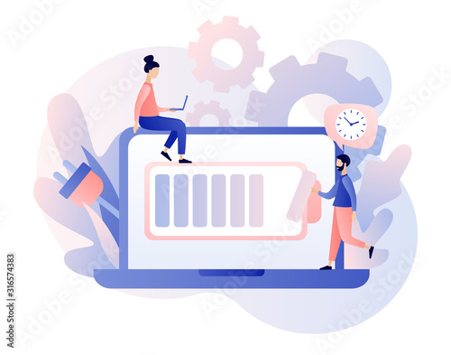 Battery charge. Tiny Users, battery performance and long life battery. Energy power source maintenance. Modern flat cartoon style. Vector illustration on white background